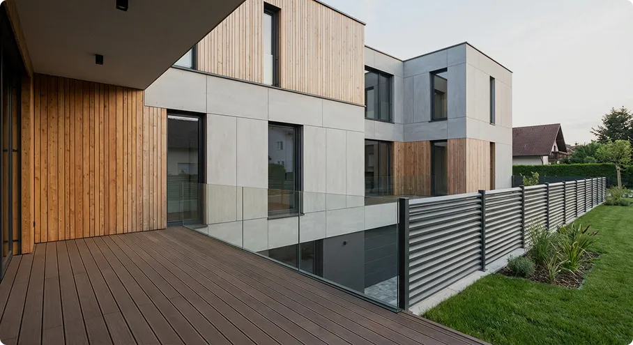 Sodobna hiša z urejeno teraso in fasado